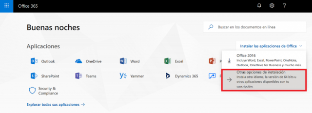 opciones de instalación de Office 365